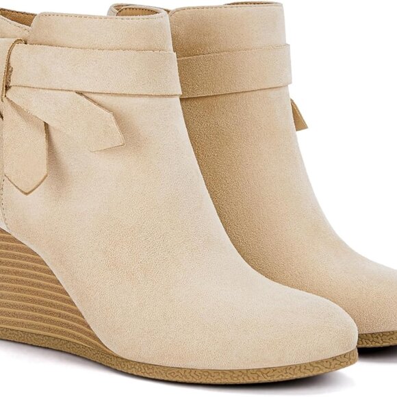 Womens Wedge Booties Fall Ankle Boots Tie Knot Stacked Heeled Side Zipper Winter